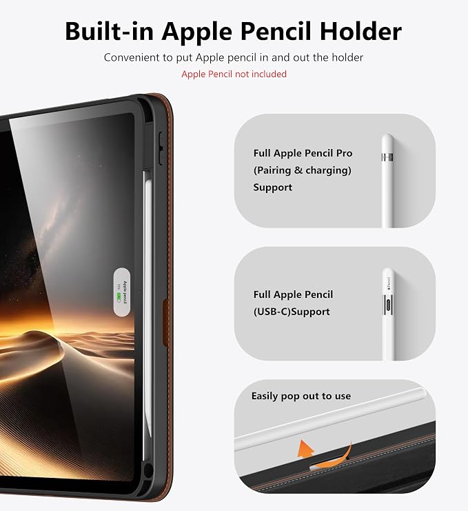 DTTO for iPad Air 11 inch Case M4/M3/M2 (2026/2025/2024) Black | 360 Degree Rotating Premium Faux Leather Folio Stand Cover with Pencil Holder Auto Sleep/Wake Multiple Angles Hand Strap