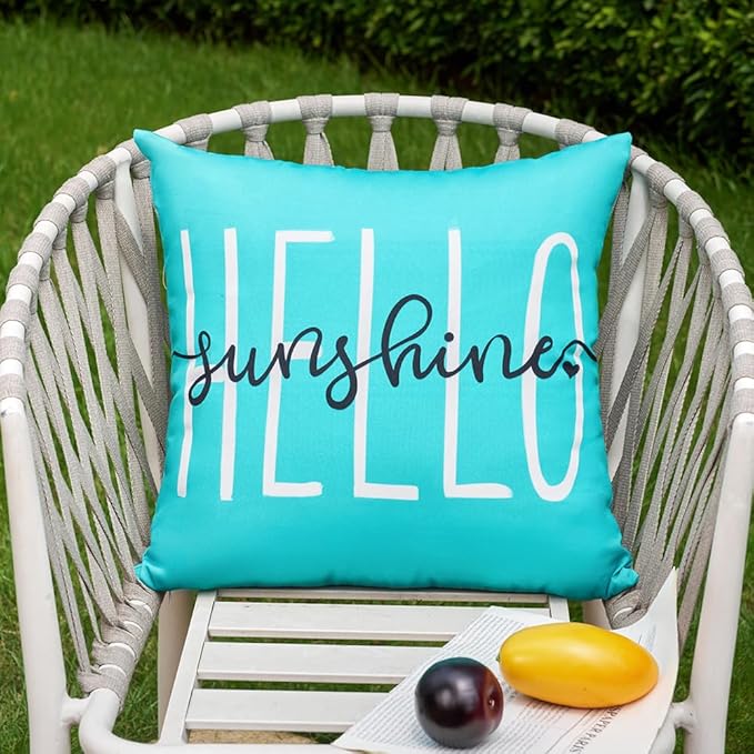 DFXSZ Outdoor Pillow Covers 20x20 Inch Set of 2 Hello Sunshine Decor Blue Green Waterproof Throw Pillow Covers Summer Outdoor Waterproof Pillow covers Decor for Patio Funiture Garden Sofa Couch 020D20