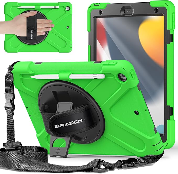 BRAECNstock Shockproof Case for iPad 9th/8th/7th Gen 10.2 Blue | All-in-1 Case Hand Strap &amp Stand Shoulder Straps Pencil Holder Screen Protector – For Office Commute &amp Presentation