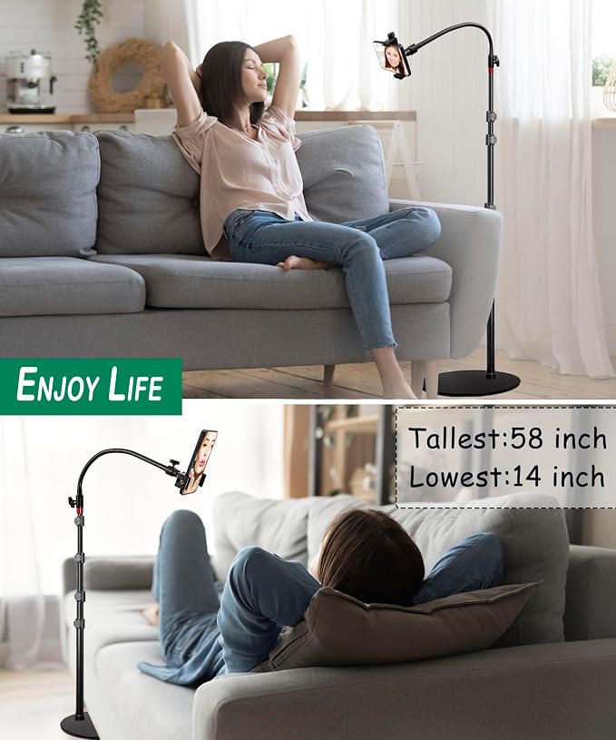 Tall Video Cell Phone Mount with Height Adjustable Stand Heavy Base 360 Head - Compatible with iPhone 16 16 Pro Max 16 Plus 15 14 13