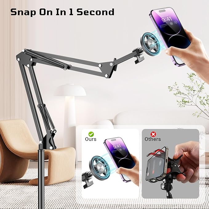 Kefotic Floor Magnetic Phone Holder for Bed Laying Down Adjustable Bedside Phone Stand for iPhone Magsafe Headboard Cell Phone Mount for Reading