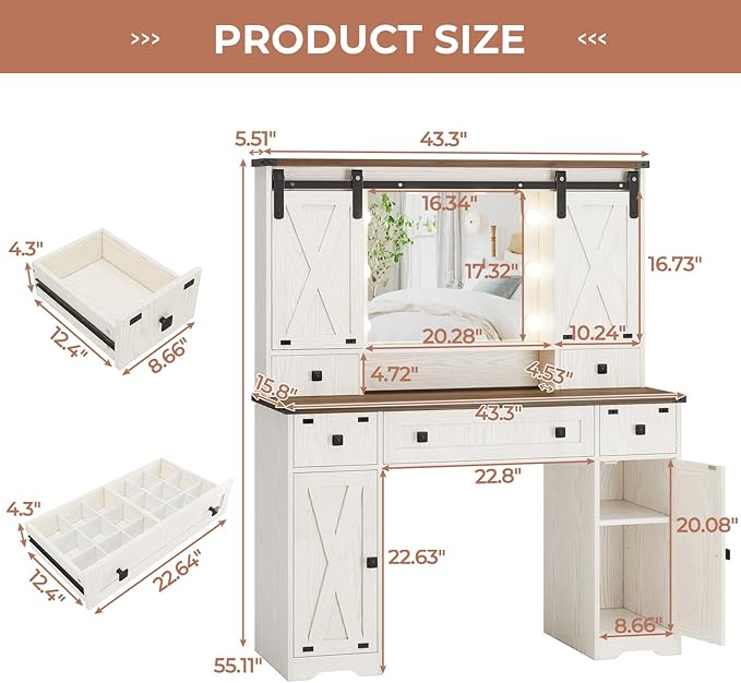 DICTAC Farmhouse Makeup Vanity Desk with Lighted Mirror & Power Strips, Vanity Table with Sliding Barn Door Hidden Shelves & 5 Drawers & 2 Cabinets, White Dressing Table for Bedroom, Lights Adjustable