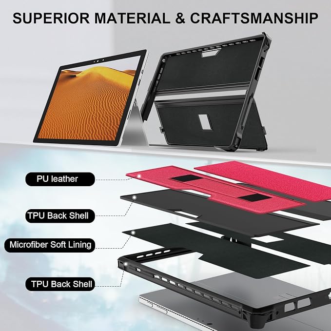 Case for 12.3 Microsoft Surface Pro 7+/7/6/5/4 Protective Rugged Cover Case with Surface Pen Holder and Hand Strap Compatible with Surface Pro Type Cover Keyboard (Black)