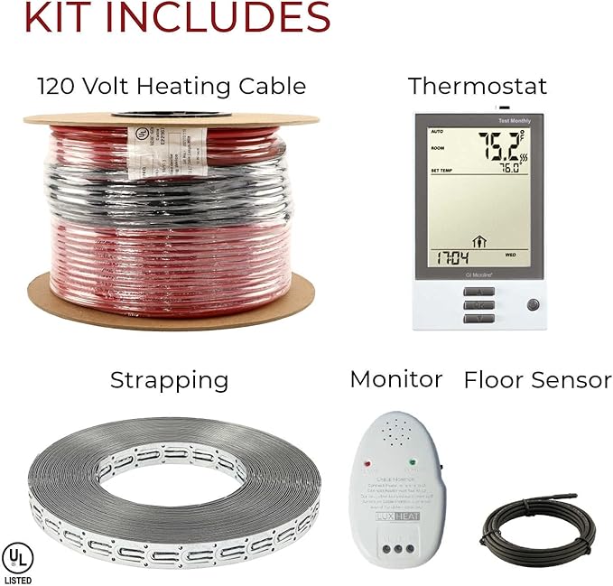 20sqft Floor Heating Cable Kit - 120v Under Floor Heating System - Heated Flooring System Includes UDG Programmable Thermostat w/GFCI, Electric Heated Cable, Strapping, Sensor & Alarm
