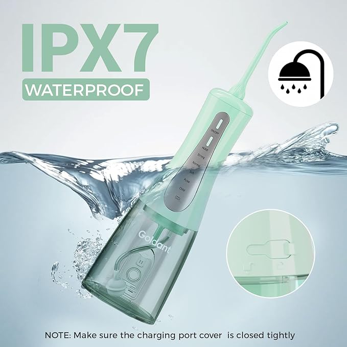 GOLDANT 350ML Water Dental Flosser Teeth Pick with Travel Bag, 5 Modes Portable Cordless Oral Irrigator Cleaner, Electric Rechargeable IPX7 Waterproof for Home Travel Teeth Cleaning flossing (Green)