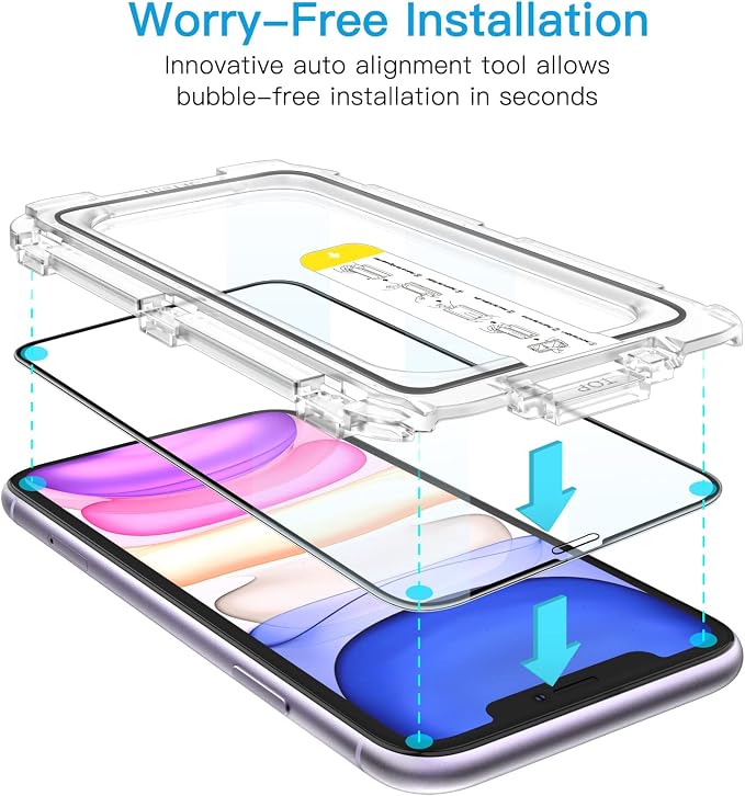 JETech One Touch Install Screen Protector for iPhone 11/XR 6.1-Inch Full Coverage Tempered Glass Film Auto Alignment Tool Kit HD Clear 2-Pack