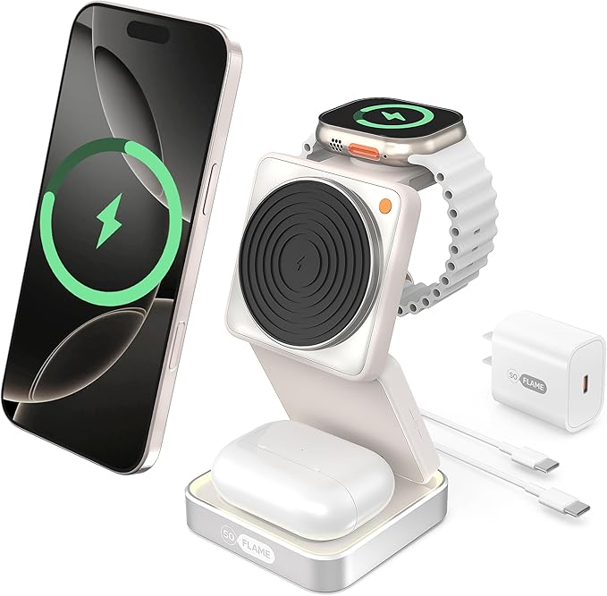SoFlame 3 in 1 Magnetic Wireless Charging Station for Mag-safe Charger, Foldable Travel Charger with Night Light, 15W Fast Charging Stand with 25W Adapter, for iPhone17-12, Apple Watch, AirPods -Beige
