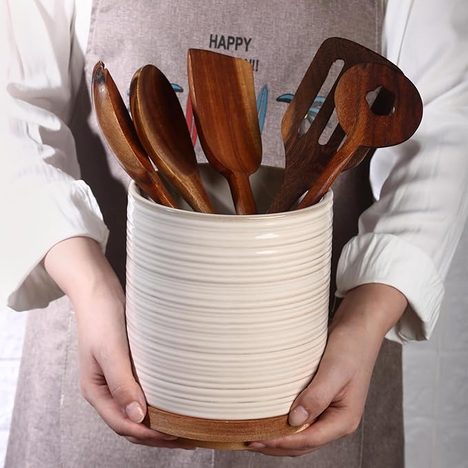 DOWAN 360° Rotating Extra Large Cooking Utensil Holder, 7.6" Kitchen Utensil Holder for Countertop, Utensil Crock for Farmhouse Kitchen Decor, Ceramic Stable Utensil Caddy, Soft White