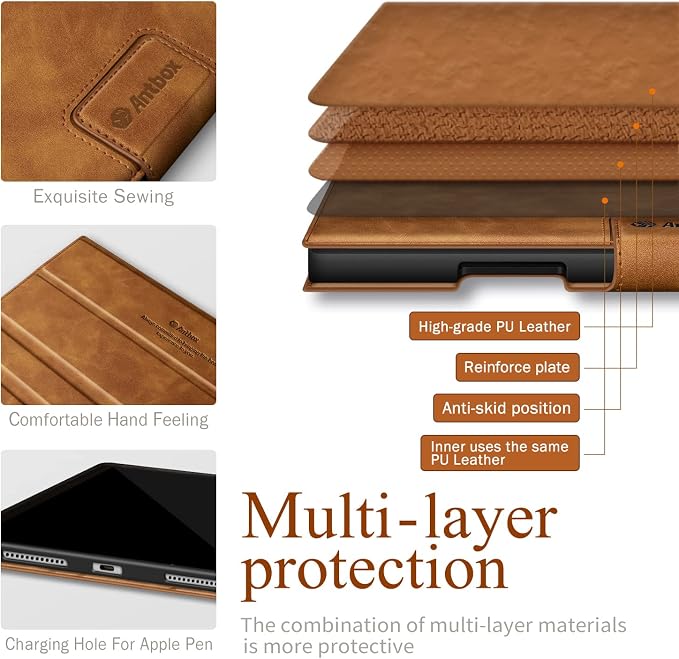 Antbox Case for iPad Air 11-inch M4/M3/M2 (2026/2025/2024) iPad Air 5th/4th Generation 10.9'' Vegan Leather with Pencil Holder Typing Angle Auto Sleep/Wake Muti-Stand