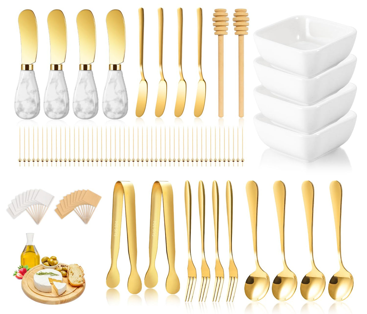 Charcuterie Board Accessories With 3 Oz Ceramic Dip Bowls, Wooden Handle Gold Cheese Spreader Butter Knive Set Kit, Mini Tongs, Spoons, Forks,Honey Dipper, Cocktail Picks
