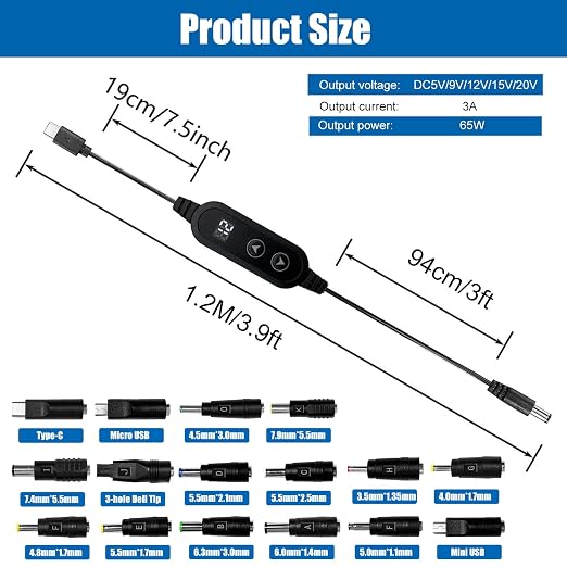 100W USB C to DC Charger Barrel PD Trigger Cable with 8 DC Conversion Heads and LED Display Screen DC 5V/9V/12V/15V/20V to DC Adapter Cable for Netbook Tablets Led Light Routers (3.9ft)