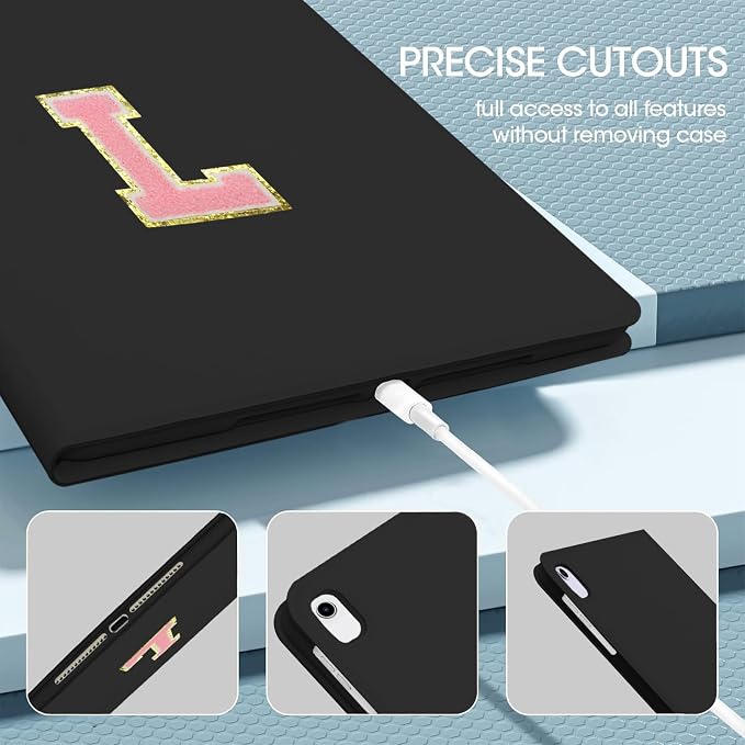 for iPad 9th Generation 10.2 Inch 2021/2020/2019 Case Initial Chenille Letter Suture Personalized for iPad 9th/8th/7th Generation Case with Auto Sleep/Wake Pencil Holder (Black A)