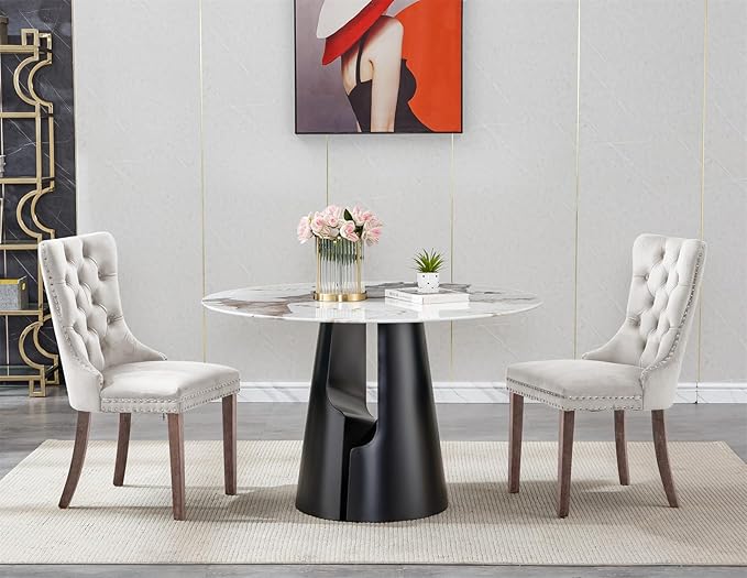 3-Piece Faux Marble Round Dining Table Set for 2, Modern Luxury Kitchen Table Set for 2 with Beige Tufted Chairs,Circle Dining Tables with Pandora Grain Top and Black Pedestal Base