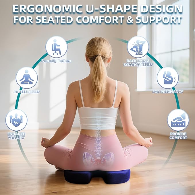 Seat Cushion for Office Chair Memory Foam Coccyx Pain Relief Cushion Pillow for Back Support Non-Slip Seat Pad for Office Desk (Blue)