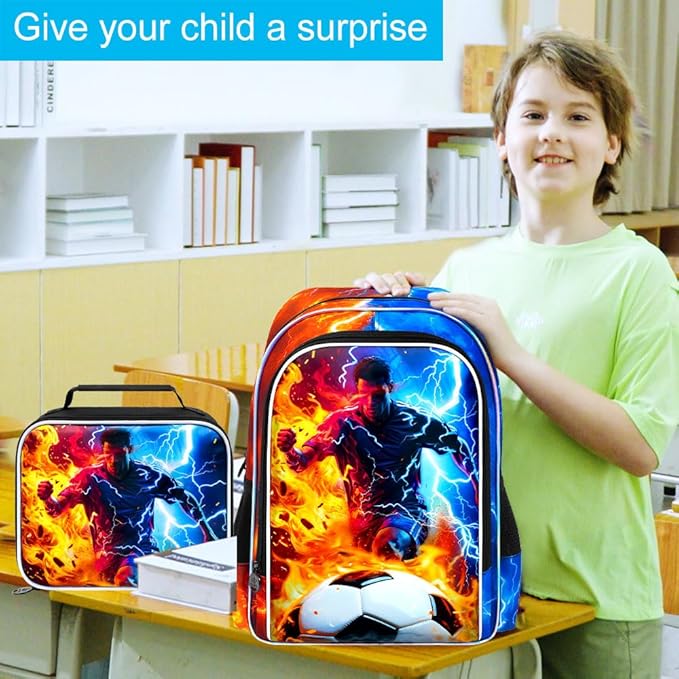 gxtvo 3PCS Soccer Backpack for Kids, 17" Boys School Bookbag with Lunch Box, Water Resistant Lightning Bag Middle Elementary - Fire & Lightning Soccer Player