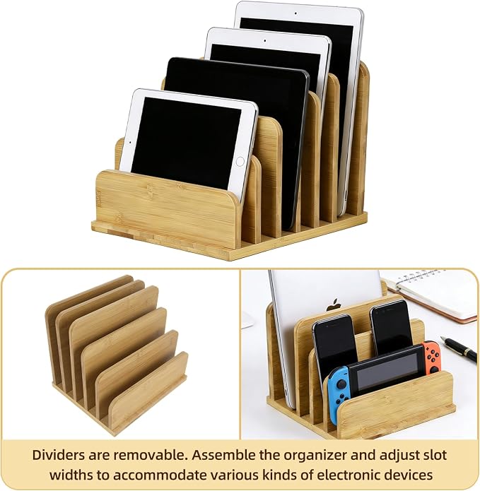 Device Organizer Holder 5 Slots Bamboo Stand for Organizing Electronic Devices Organize Tablets Smartphones Laptops and Game Consoles Slot Width are Adjustable Also Organize Mails and Files