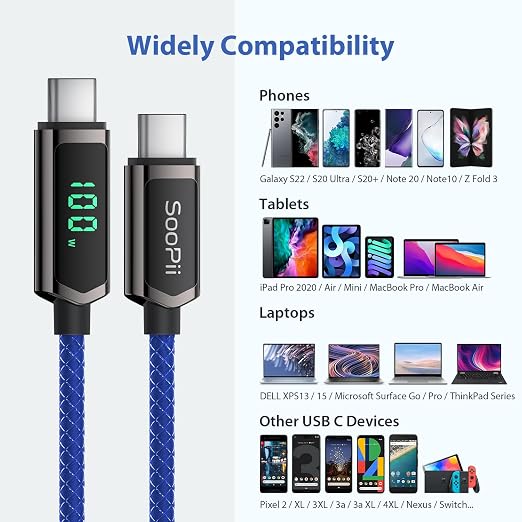 SOOPII USB C to USB C Cable [10FT2-Pack] 100W PD Fast Charging USB C Cable Nylon Braided Type-C Cable with LED Display for lPhone 15/15 Plus MacBook Pro Samsung Galaxy S22/S10 Pixel LG