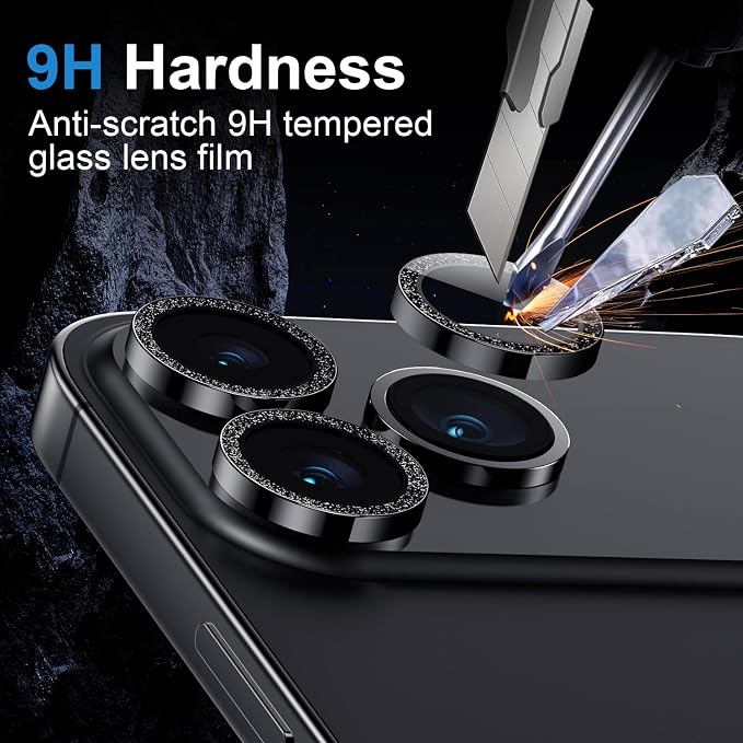 Korecase for iPhone 17/iPhone 16/iPhone 16 Plus Camera Lens Protector Bling 9H Tempered Glass Anti Scratch Camera Screen Protector Shockproof Film Metal Ring Lens Protector Glitter-Black