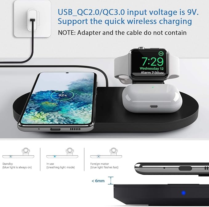 Seacosmo Wireless Charger, 3 in 1 Qi-Certified Fast Charging Station Dock for iPhone/for Samsung, for Airpods 2 3, Nightstand Docking Station for iWatch Series (Exclusive of for iWatch Cable), Black