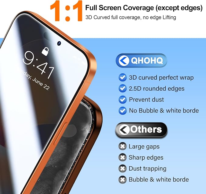 [1-Second Auto-Install] QHOHQ 3 Pack Privacy Screen Protector for iPhone 17 Pro [6.3 Inch] + 1 Set Camera Lens Protector 25° Anti Spy Tempered Glass [12FT Military Grade Shatterproof] Case Friendly