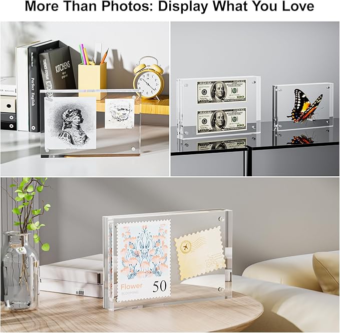 5 Pack 4x6 Acrylic Picture Frames - 20% Thicker Double Sided Magnetic Frame with UV Protection - Freestanding Clear Frameless Display for Tabletops - Modern Photo Frame Set for Home & Office Decor