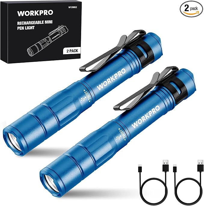 WORKPRO Rechargeable Pen Light 2 Pack Ultra-Compact EDC Flashlight Black | Mini Flashlight Pocket Flashlight with Clip Memory Function and 2 x USB C Cable Included