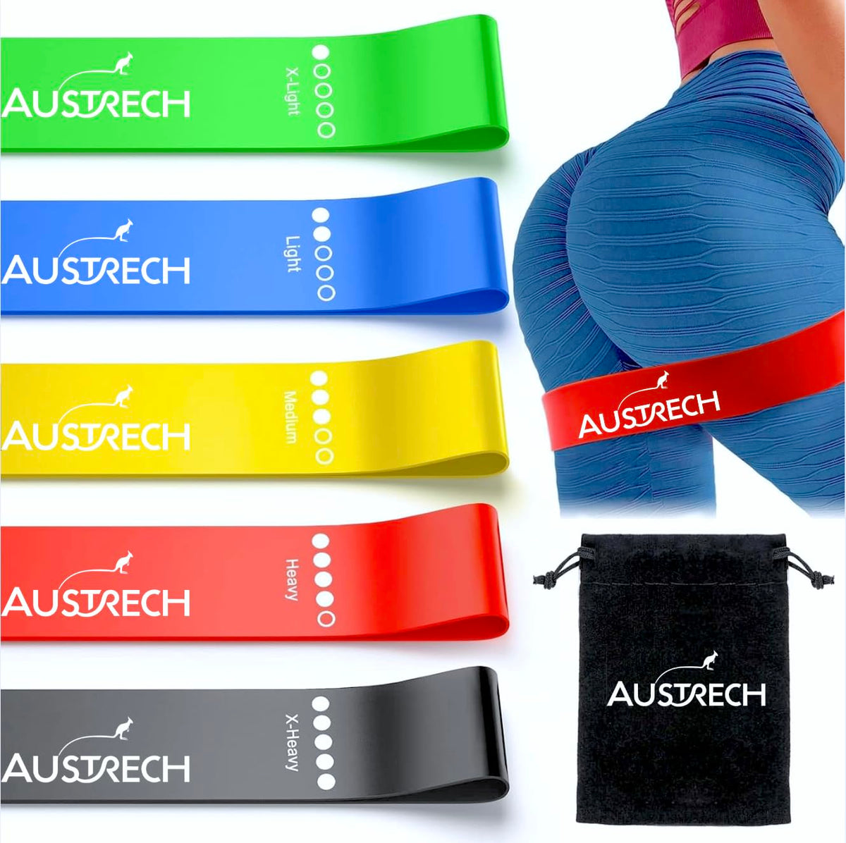 AUSTRECH Exercise Resistance Bands for Working Out Set of 5 for Women and Men, Stretch Bands for Exercise, Physical Therapy, Arms Legs Booty Workout, Stretching, Home Fitness