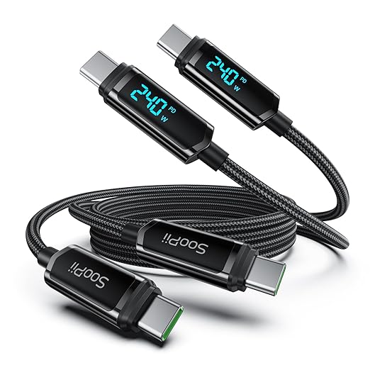 SOOPII USB C to USB C Cable [10FT2-Pack] 100W PD Fast Charging USB C Cable Nylon Braided Type-C Cable with LED Display for lPhone 15/15 Plus MacBook Pro Samsung Galaxy S22/S10 Pixel LG