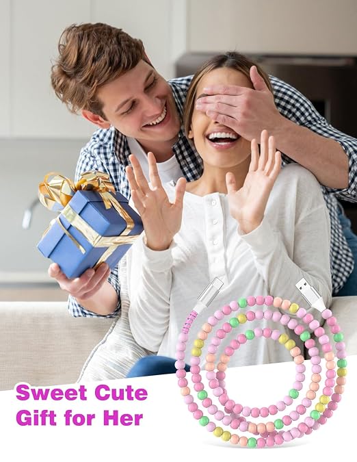 Jelanry 3FT USB-A to USB-C Fast Charging Cable Beaded &ampData Sync Women Girl | Cute kawaii beaded cable for iPhone 17/16/15 Samsung S26/S25/S24 Pixel iPad Fast charge for daily use office &amp tra