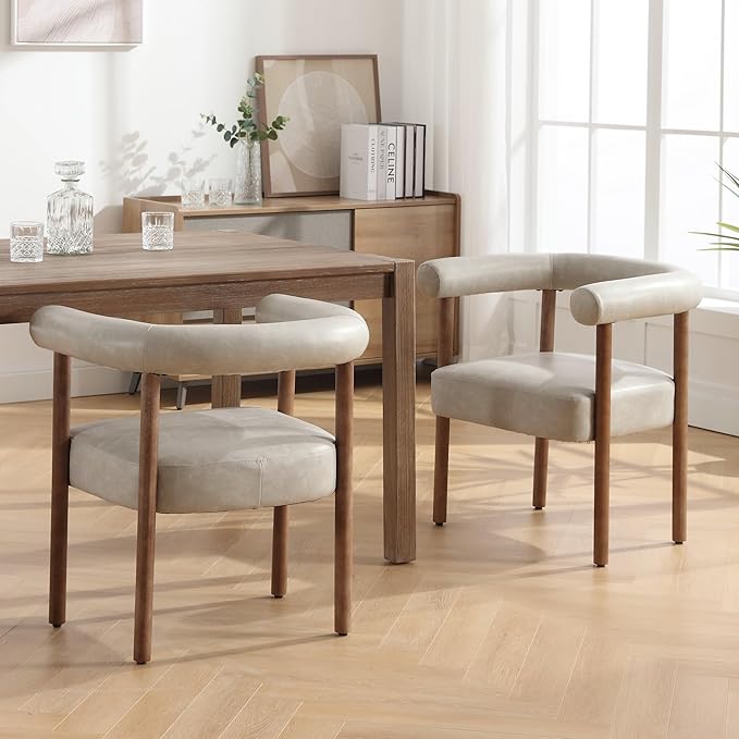 Mid-Century Modern Dining Chairs Set of 6, Armrest Barrel Dining Chairs Side Accent Chairs with Curved Back, Upholstered Wood Armchairs for Kitchen, PU Leather Grey