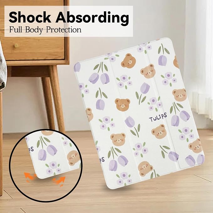 Lovmooful for iPad 9/8/7 Gen Case with Pencil Holder Cute-Bear Flower | Fit for iPad 9/8/7 (10.2-Inch2021/2020/2019 Model9th/8th/7th Generation)Soft TPUTrifold StandProtectiveGirly
