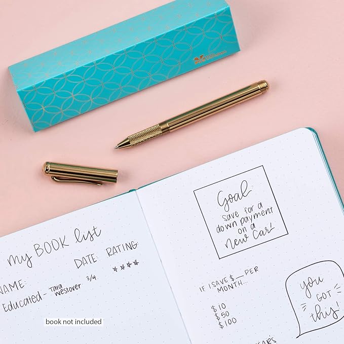 Erin Condren Designer Desk Accessories - Gold Gel Pen in Mid Century Circles Gift Box - Refillable Black Ink. Features Gel Ink, Black Colored Ink, Gold Metal Barrel