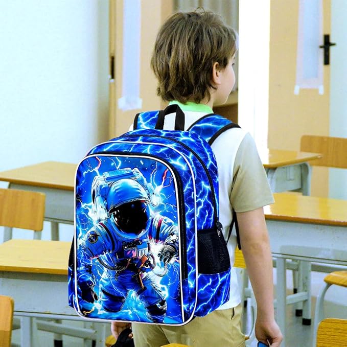 KLFVB 3PCS Lightning Bookbag for Boys, 17" Astronaut Backpack and Lunch Box, Water Resistant Teenagers School Backpacks for Middle Elementary - Lightning Space Adventure