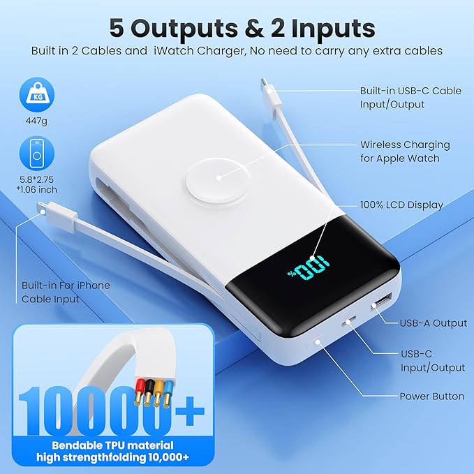 Portable Charger 40800mAh for iPhone with 2 Built-in Cable and iWatch Charger, 5-in-1 25W PD Fast Charging USB C Power Bank,QC4.0 LED Display Battery Pack for iPhone 16/15/14/13/12,Android,Apple Watch