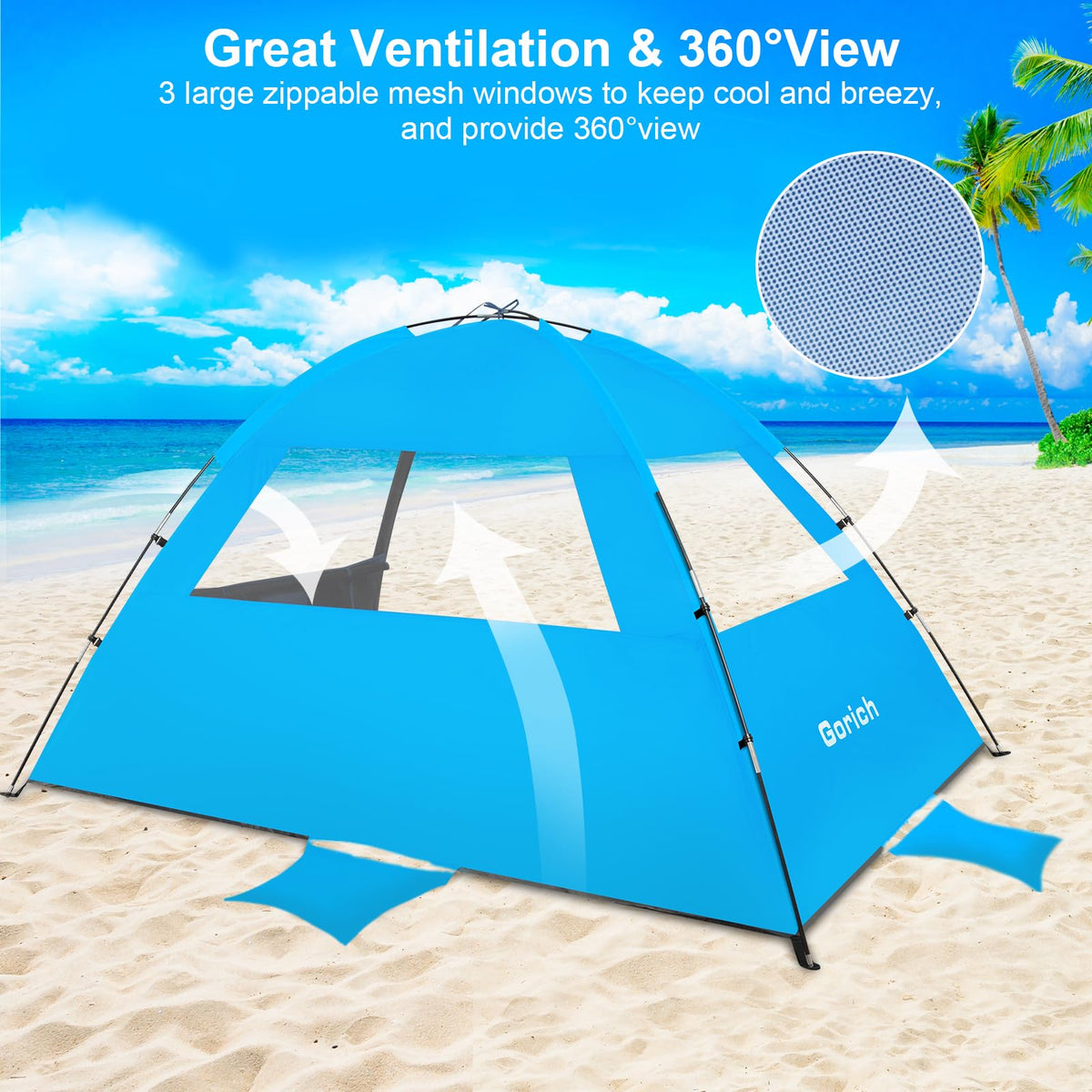 Gorich Beach Tent Sun Shelter for 3/4/6/8/10 Person with UPF 50＋ UV Protection, Lightweight & Easy Setup Beach Shade Canopy, Portable Beach Shade Tent Beach Cabana