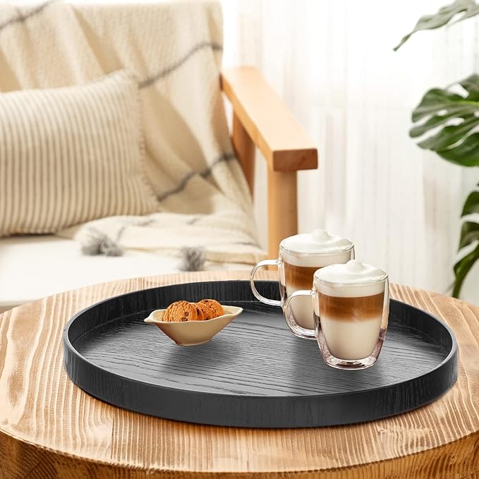 Round Solid Wood Serving Tray Extra Large Tea Coffee Snack Food Meals Serving Plate Non-Slip Kitchen Party Bar Server Ottoman Tray Breakfast Tray with Raised Edges (18inch/45cm) Black