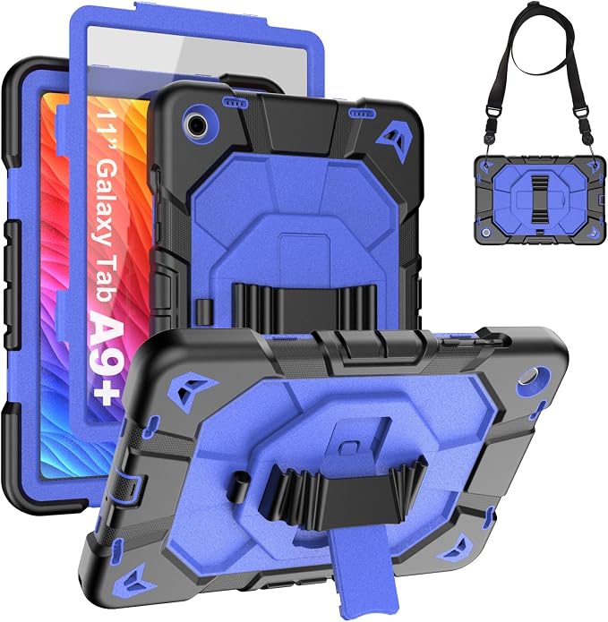 Heavy Duty Shockproof Case for Samsung Galaxy Tab A9+ Plus 11 2023 (SM-X210/X216/X218) [Dual Front Frame] with/No Screen Protector 360 Rotating Stand Hand &amp Shoulder Strap (Black/Black)