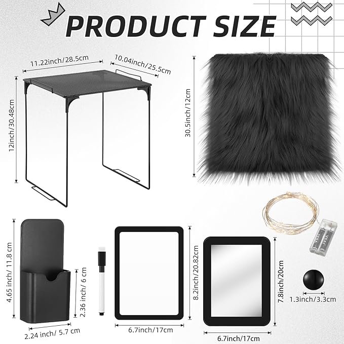 Patelai 11 Pcs Locker Accessories Kit Included Locker Shelf Magnetic Mirror Pen Holder Whiteboard Marker Faux Fur Rug Light String and Magnet for Back to School Essentials(Black)