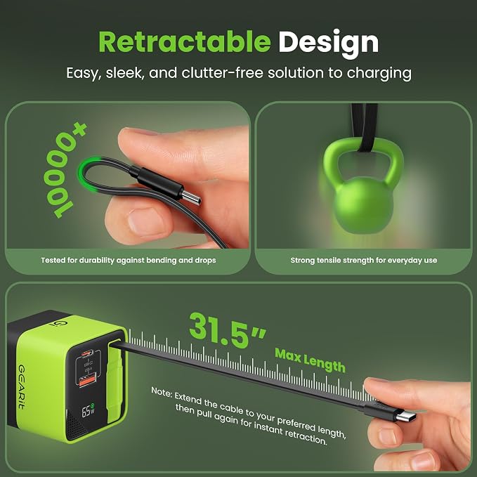 GEARit 65W GaN Charger Retractable USB C Cable + 2 Ports Digital Display | Retractable USB-C wall charger for iPhone Samsung Galaxy Watch earbuds. Foldable plug GaN fast charge wattage display