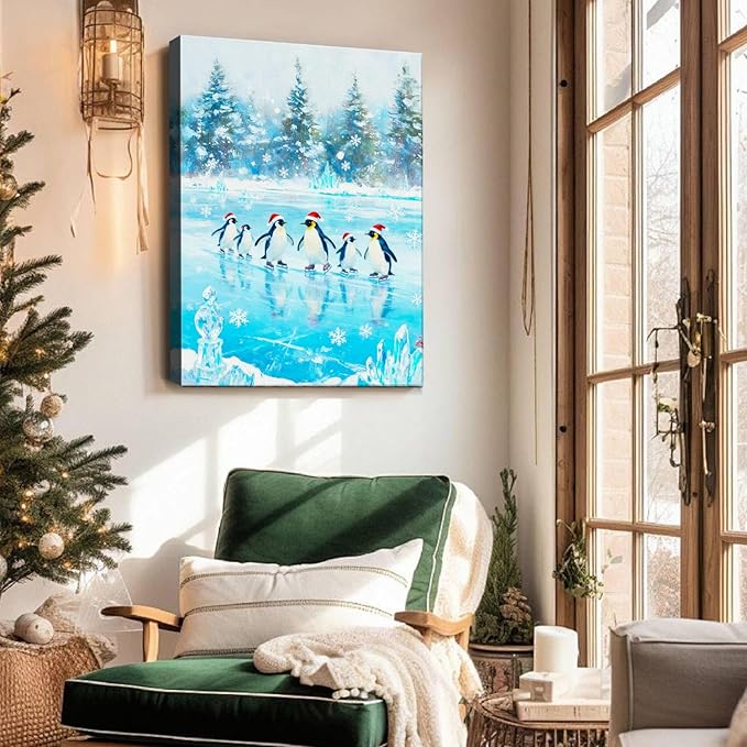Christmas Penguin Canvas Wall Art - Playful Penguins in Snowy Forest Scene Framed Print for Living Room & Bedroom, Cozy Christmas Wall Decor, Charming Christmas Gifts & Festive Decorations