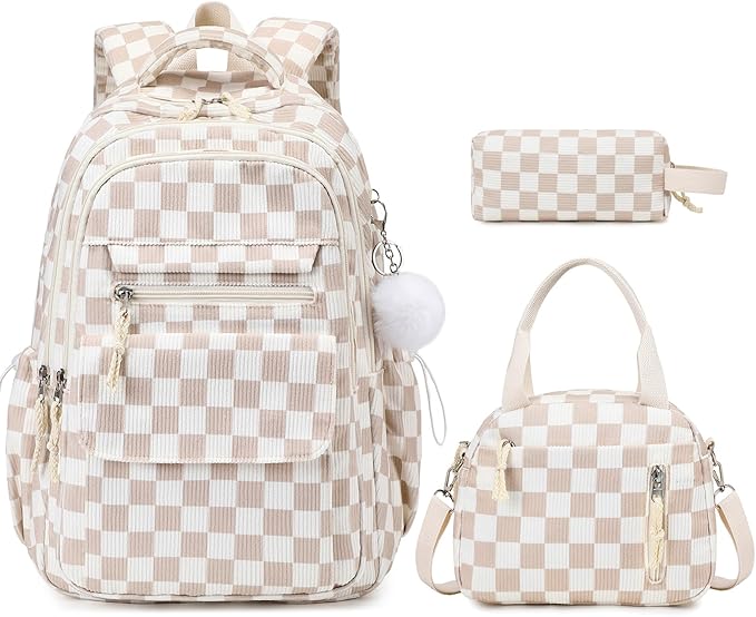 Bevalsa Backpack for Gilrs, 3PCS Corduroy Kids Backpack Set with Lunch Box & Pencil Pouch, Bookbag Daypack Laptop Bag for Women Teens Elementary Middle High School