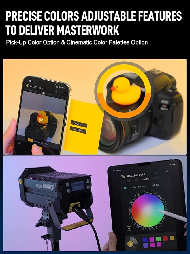 Video Light, COLBOR CL220R RGB 250W Max Continuous Lighting 2700-6500K CRI97+ 31,400Lux@3.3ft COB Studio Light with Bowens Mount APP 13 Light Effects for Film Live, Video-Light-Studio-LED-Photography