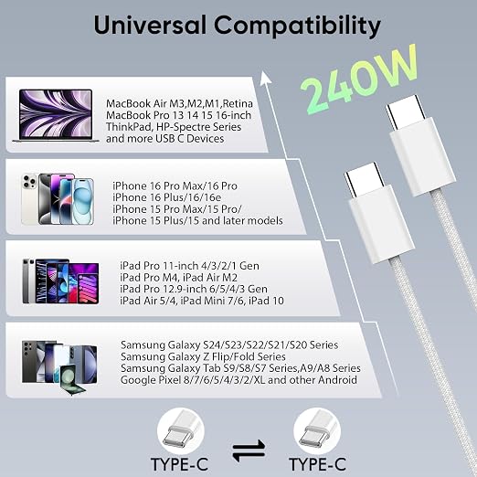 USB C to USB C 240W USB C Cable 2-Pack 10ft C to C Cable Fast Charging for MacBook Pro/MacBook Air iPad Pro/iPad Air iPhone 16 15 Pro Max Plus Samsung GalaxyCompatible 140W/100W/65W/45W/35W/20W