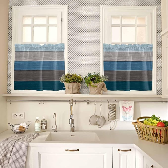 Retro Farm Blue Gray Wood Grain Window Valance Curtains, Rustic Wooden Plank