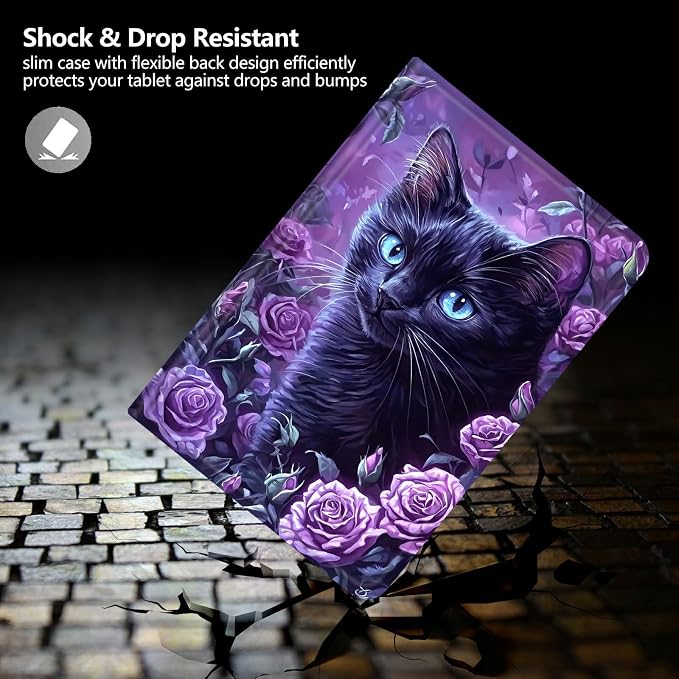 Case for Fire 7 2019/2017/2015Black Cat Purple Roses | DIGTIALL Slim Cover for Fire 7 Tablet 9th/7th/5th Gen 7.0 Folding Stand Protective Case Auto Sleep/Wake Smart Shell