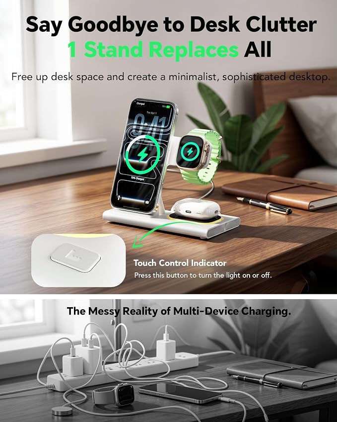 3 in 1 Foldable Wireless Fast Charging Station for Apple Multiple Devices | iPhone Charging Station for iPhone 17 Travel iWatch Charger Stand Light Nightstand Charging Dock for Apple Watch/Airpods