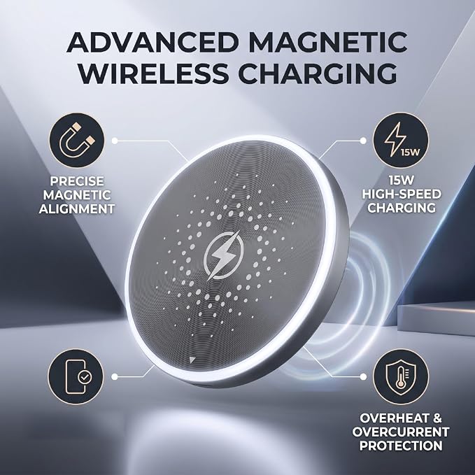 Magnetic Wireless Charging Pad 15W Fast Charging with Overcurrent Overheat Protection and Built in Magnet for iOS 16 17 Phone Wireless Device (Black)