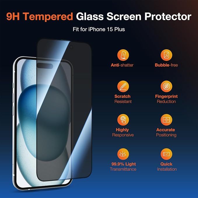 KUZOOM 2Pack Privacy 9H+ Tempered Glass Screen Protector for iPhone 13 | 9H+ Tempered Glass 100% Fingerprint Unlock Automatic Dust Removal Anti-Scratch Protection