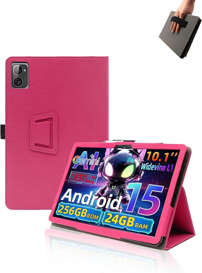 Case for VekfulPC T20 Tablet 10 Inch Android 15 TabletUYRUREL Leather Slim Folding Stand Cover with Hand Strap Magnet for Men Women Full ProtectionBlack.