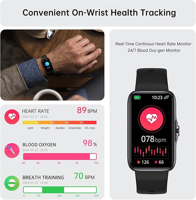 Sunorshop Health Fitness Tracker, Smart Watch with 24/7 Heart Rate and Blood Oxygen Monitor, Sleep Tracker with IP68 Waterproof, Activity Tracker Pedometer Step Counter for Women Men (Deep Black)